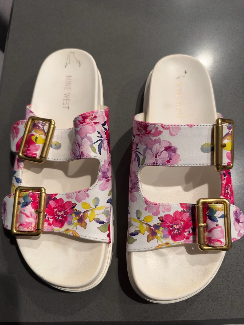 Nine West Women's White Floral Double-Buckle Slide Sandals